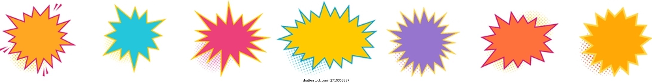 Conjunto de vetores de bolha bang colorido. Pop-art vibrante formas starburst. Perfeito para quadrinhos, adesivos e projetos de design digital.