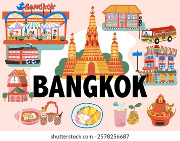 Colorful Bangkok doodle travel elements, the set of architecture, local Thai food, traveling landmarks, doodle style, illustration, vector. 