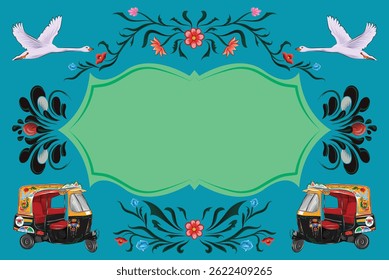 Colorful Bangladeshi rickshaw art style vector frame with tuk-tuks, flying geese, and floral designs. Perfect for folk theme posters, greeting cards, or cultural decoration. Traditional Bangladeshi