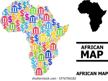 Colorful bank and business mosaic and solid map of Africa. Map of Africa vector mosaic for ads campaigns and proclamations. Map of Africa is formed with colorful dollar and bank ojects.
