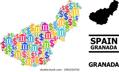 Colorful bank and business mosaic and solid map of Granada Province. Map of Granada Province vector mosaic for ads campaigns and proclamations.