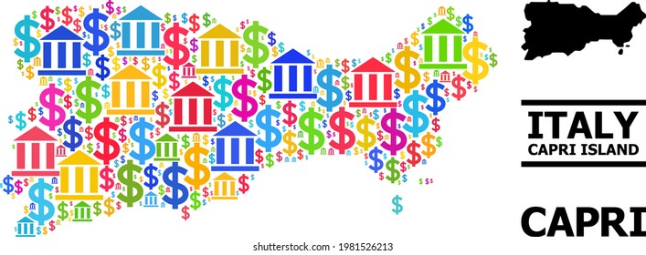 Colorful bank and commerce mosaic and solid map of Capri Island. Map of Capri Island vector mosaic for advertisement campaigns and agitation.