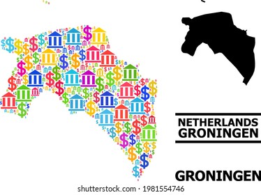 Colorful bank and commerce mosaic and solid map of Groningen Province. Map of Groningen Province vector mosaic for promotion campaigns and purposes.