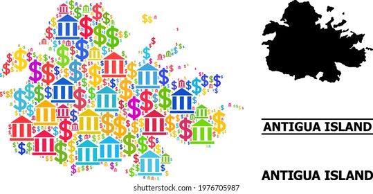Colorful bank and dollar mosaic and solid map of Antigua Island. Map of Antigua Island vector mosaic for GDP campaigns and promotion.