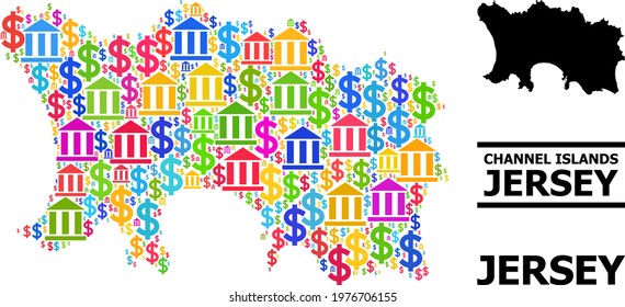 Colorful bank and dollar mosaic and solid map of Jersey Island. Map of Jersey Island vector mosaic for GDP campaigns and projects. Map of Jersey Island is designed from vibrant bank and dollar ojects.