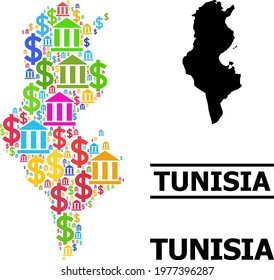 Colorful bank and dollar mosaic and solid map of Tunisia. Map of Tunisia vector mosaic for GDP campaigns and promotion. Map of Tunisia is created from multicolored dollar and bank parts.