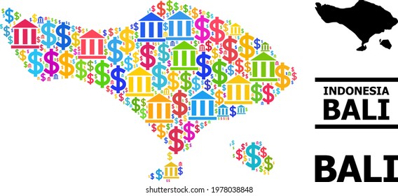 Colorful bank and dollar mosaic and solid map of Bali Island. Map of Bali Island vector mosaic for GDP campaigns and applications.