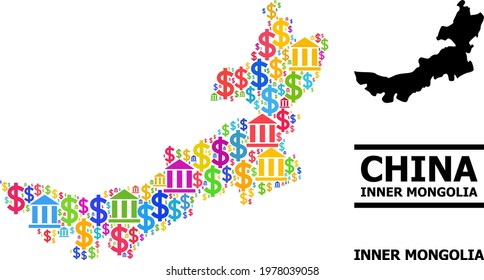 Colorful bank and dollar mosaic and solid map of Inner Mongolia. Map of Inner Mongolia vector mosaic for GDP campaigns and promotion.