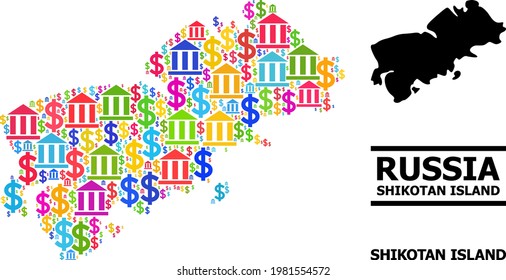 Colorido banco y dólar mosaico y sólido mapa de la isla Shikotan. Mapa del mosaico vectorial de la isla Shikotan para campañas y aplicaciones empresariales.