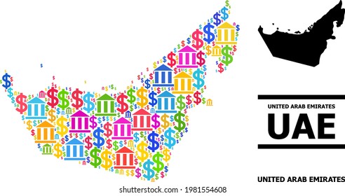 Colorido mosaico bancario y en dólares y sólido mapa de los Emiratos Árabes Unidos. Mapa del mosaico vectorial de los Emiratos Árabes Unidos para campañas publicitarias y doctrinas.