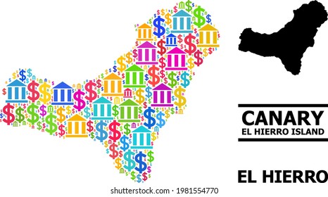 Colorful bank and dollar mosaic and solid map of El Hierro Island. Map of El Hierro Island vector mosaic for advertisement campaigns and purposes.