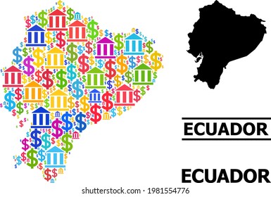Colorful bank and dollar mosaic and solid map of Ecuador. Map of Ecuador vector mosaic for promotion campaigns and posters. Map of Ecuador is designed from colorful bank and dollar parts.