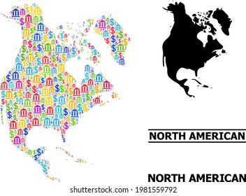 Colorido mosaico de bancos y dólares y sólido mapa de Norteamérica. Mapa del mosaico vectorial de Norteamérica para campañas geográficas y agitprop.