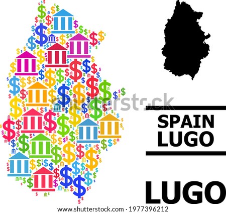 Colorful bank and dollar mosaic and solid map of Lugo Province. Map of Lugo Province vector mosaic for ads campaigns and posters.
