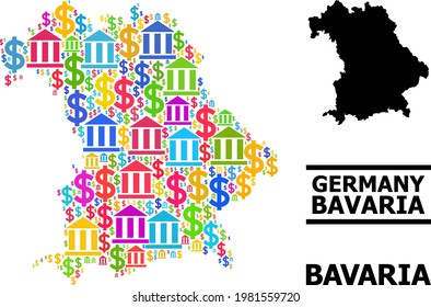 Colorful bank and money mosaic and solid map of Bavaria State. Map of Bavaria State vector mosaic for promotion campaigns and promotion.