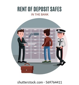 Colorful bank template with worker security officer and client taking money from deposit box in vault room vector illustration