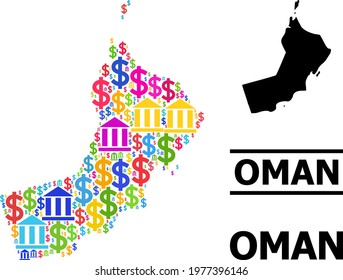 Colorful banking and commercial mosaic and solid map of Oman. Map of Oman vector mosaic for business campaigns and posters. Map of Oman is composed with colorful bank and dollar icons.