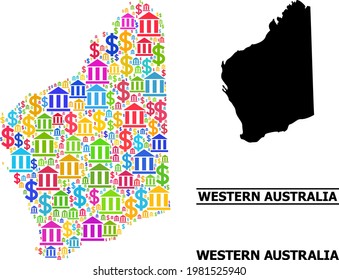 Colorful Banking And Dollar Mosaic And Solid Map Of Western Australia. Map Of Western Australia Vector Mosaic For GDP Campaigns And Agitation.