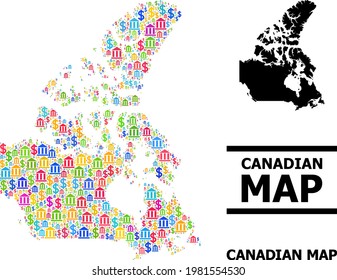 Colorful banking and dollar mosaic and solid map of Canada. Map of Canada vector mosaic for advertisement campaigns and applications. Map of Canada is formed with colorful dollar and bank items.
