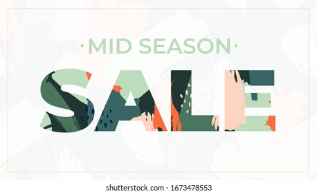 Colorful Banner with Abstract Brush strokes for Mid Season Sale. Promo Post Design Template for Social Media Digital Marketing. Flyers for Influencer Brand Promotion. Vector Illustration