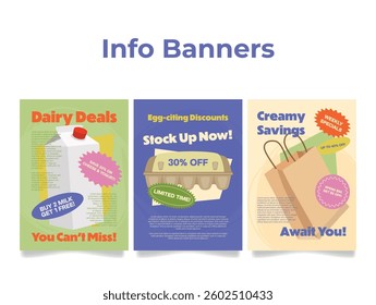 Colorful banner ads promoting discounts on dairy products and eggs at a local store. Customers are encouraged to take advantage of limited-time offers and save on their groceries.