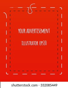 Colorful banner advertising sewing, sewing workshop, hand-made. Against the background of red cloth, white and black stitching, thread, needle. illustration