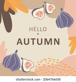 Colorful banner with autumn leaves and figs. Abstract  background for social networks. Web template for event invitation, discount coupon, advertising and promotional events - Vector illustration.