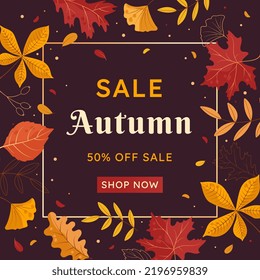 Colorful banner for the autumn sale in a frame of leaves. Autumn mood. Cartoon flat style. Vector illustration.