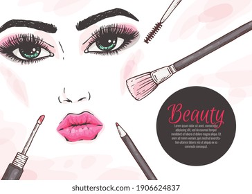 Colorful banner with beautiful woman face among makeup brushes and cosmetics, cartoon vector illustration on white background. Banner for beauty salon, visage and makeup.