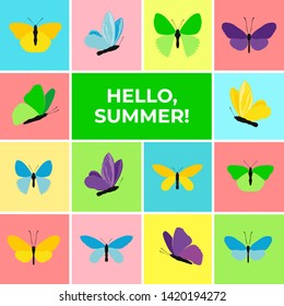 Colorful banner of butterflies, text Hello Summer. Set of spring and summer butterfly icons. Background for promotional posters, advertising, booklet, discount banners, sale. Vector Illustration