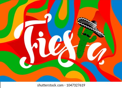 Colorful banner with cactus and hand drawn phrase Fiesta! Creative vector illustration. 