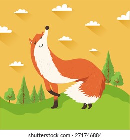 Colorful banner with cartoon fox, forest and tress. Vector illustration in flat design style