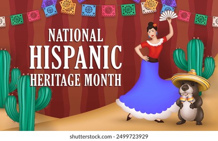 Colorful banner celebrating National Hispanic Heritage Month with festive papel picado, a cartoon dancing woman in traditional attire, cacti, and a cute capybara wearing a sombrero and holding maracas