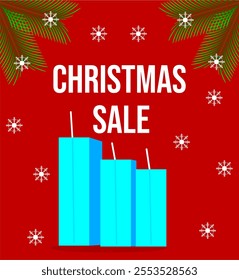 Colorful banner for Christmas sales with the inscription "Christmas sale", shopping packages, fir branches and snowflakes