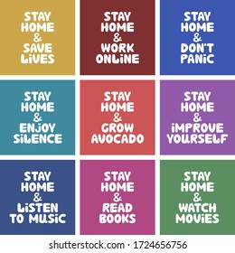 Colorful banner collection quotes about home activities during quarantine. Stay home and save lives, work online, don't panic, enjoy silence, read books, watch movies. Vector stock illustration.