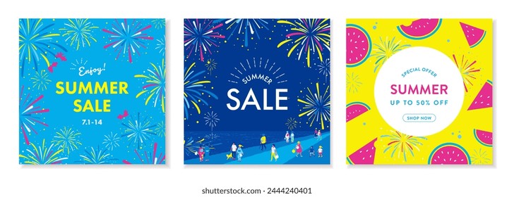 Colorful banner collection for summer sale. Flat design with fireworks and watermelon pattern.