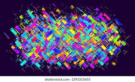 Colorful banner with complex and intricate rectangular diagonal chaotic layered shapes. Glitch art modern grunge texture. Abstract silicon semiconductor wafer with variety structure. Vector background