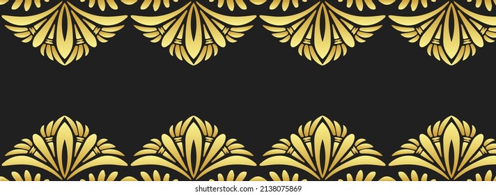 Colorful banner, cover design. Golden geometric ethnic 3d pattern on a black background, embossed texture. Actual decor for business background, magazine layout, brochure, booklet, flyer, website. 