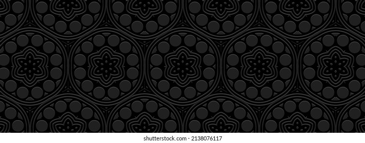 Colorful banner, cover design. Vintage geometric ethnic 3d pattern on black background, embossed texture. Actual decor for business background, magazine layout, brochure, booklet, flyer, website.