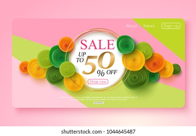 Colorful banner decorated with paper flowers for online shopping, promotional, websites. Vector illustration