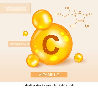 Colorful banner depicting vitamin C and its chemical formula. Vector illustration