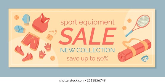 Colorful banner design featuring sport equipment for workout and gym activities. Includes racket, sneakers, and training accessories on a vibrant background. Perfect for fitness promotions active