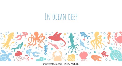 Colorful banner design with marine creatures like octopus, jellyfish, and sea turtle amongst aquatic plants. Vibrant underwater life in a detailed vector set, depicting sea and ocean reef.