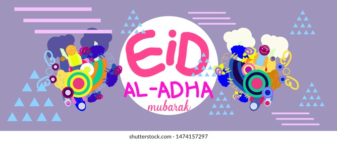 Colorful Banner Doodle illustration with text eid al adha mubarak has mean muslim event, design vector