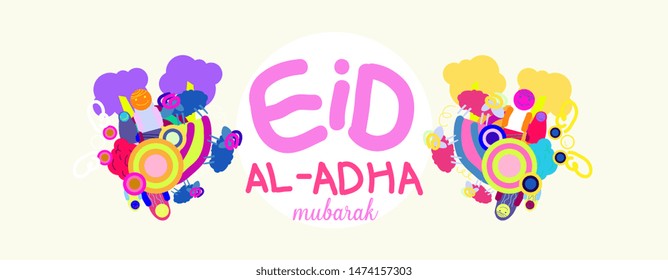 Colorful Banner Doodle illustration with text eid al adha mubarak has mean muslim event, design vector