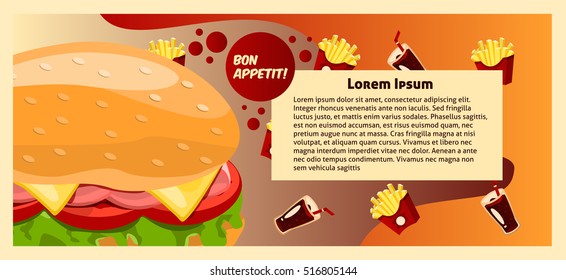 Colorful banner fast food. Template text information labels. Tasty and appetizing hamburger. Soda and fries on background. Nourishing food. Flyer printing. Vector illustration