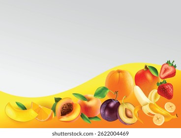 Colorful banner featuring a vibrant assortment of fresh fruits. Ideal for healthy food promotions, organic markets, summer themes, and nutrition-related designs. 