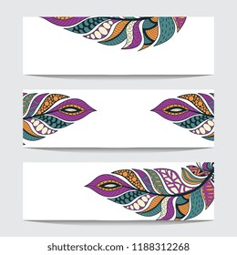 Colorful banner with hand-drawn feathers. Horizontal template with multi-colored feathers for flyer, invitation, card