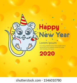 Colorful banner Happy New Year 2020 on a cheese background. Cartoon rat in a hat and clapperboard with confiti in hand. The symbol of the new year. Copy space for your text. Vector  