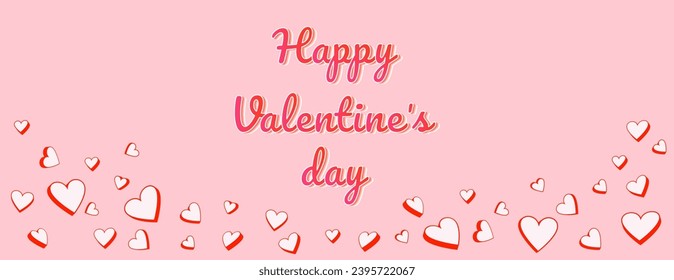 Colorful banner happy Valentines day with hearts. Horizontal border background with copy space. Vector illustration stylized cute cartoon retro hearts. 